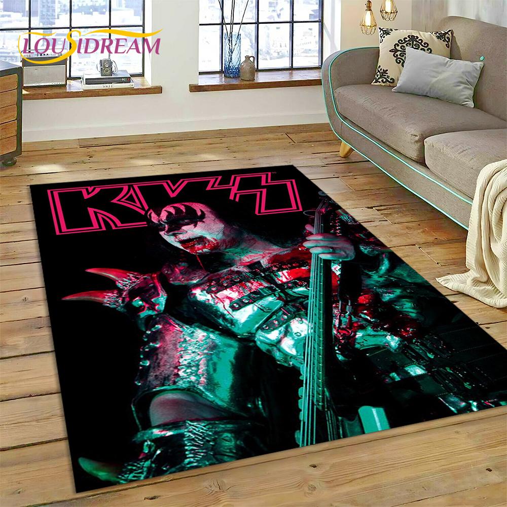 Nejnovější Koberec s motivem kapely Kiss Rock Heavy Metal pro Obývací pokoj Ložnici Domácí Dekorace, Protiskluzová Podložka Dekorace pro Pohovku Rohožka