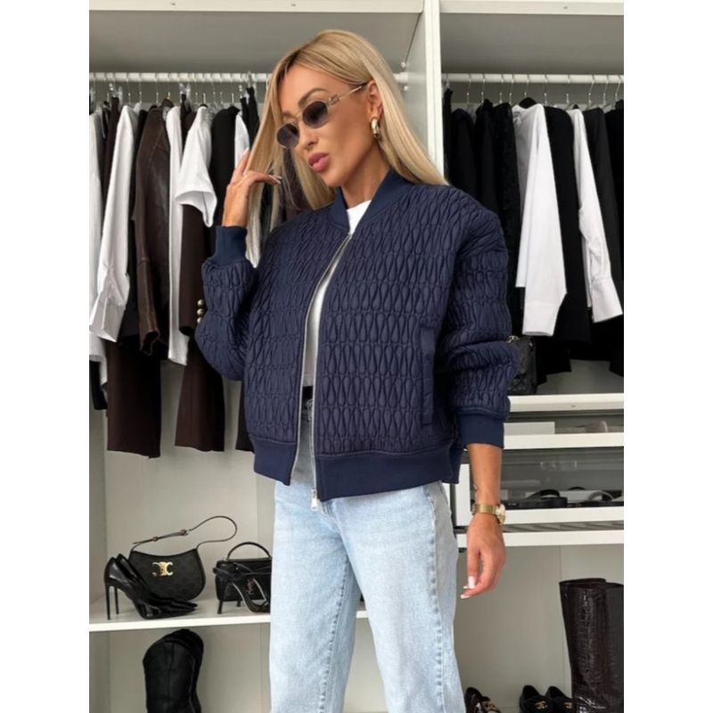 Autumn New Women clothes Western Style Solid Embroidered Short Zipper Clip Thin Gram Cotton-padded jacket High Waist Zip-up Top