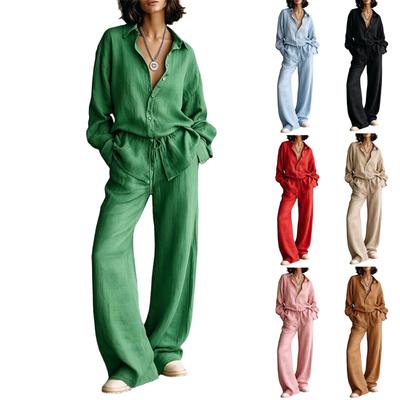 Ensemble deux pièces d'été coloré pour femme avec chemisier à col à revers à manches longues et pantalon large