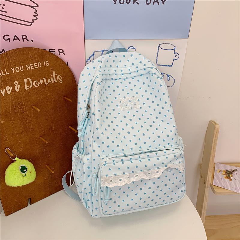 Zaino Grigio Nebbia con Ciondolo a Forma di Stella in Pizzo Borsa da Scuola Femminile Semplice a Pois Vento Gentile Zaino Grande Capacità per Studenti delle Scuole Medie