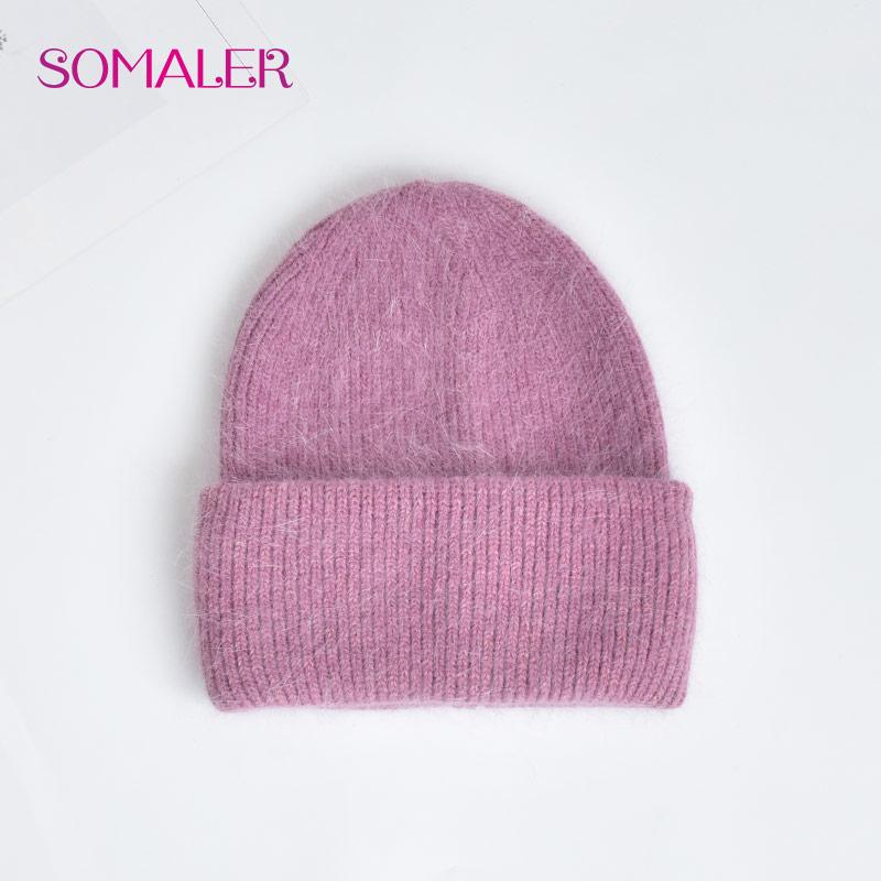 

SOMALER вязаные шапки с широкими манжетами для женщин, зимняя шапка из ангорской шерсти, мягкие теплые лыжные шапки высокого качества темно-розовый