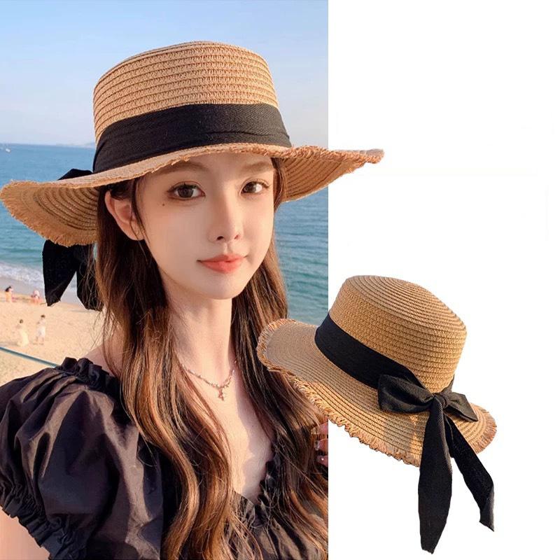 Korean Bow Women Straw Hat Summer Sunscreen Flat Top Fisherman Cap Wide Brim Lady Girl Beach Travel Sun Visors Panama Hats