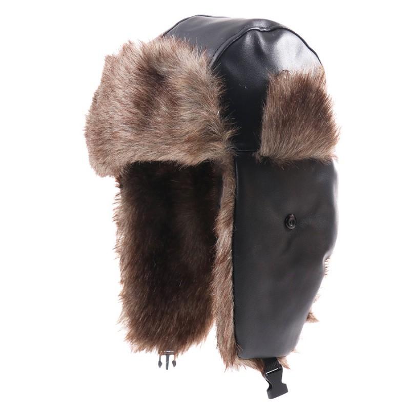 Unisex Winter PU Faux Leather Beanie Hat With Ear Protection Warm Thick Lined Ski Cap Foldable Streetwear Style