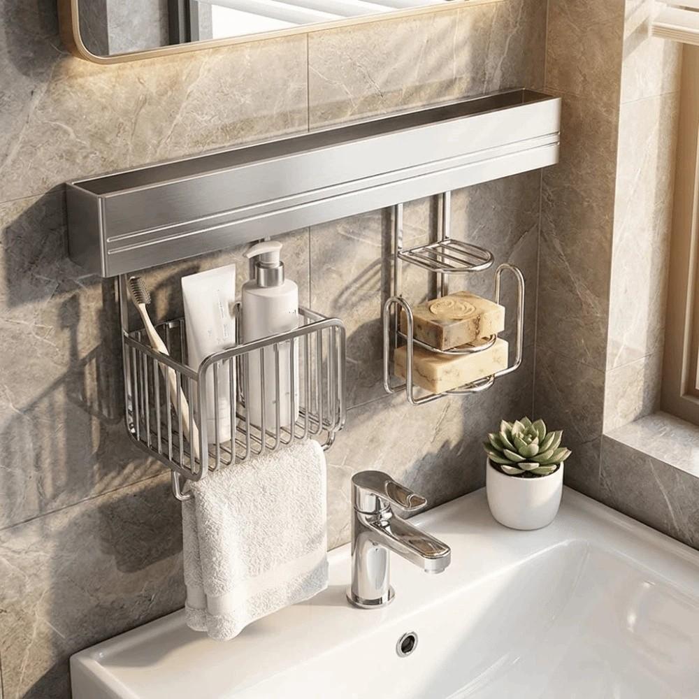 Stainless Steel Punch-free Wall Storage Rack Wall Mounted Toothbrush Holder Bathroom