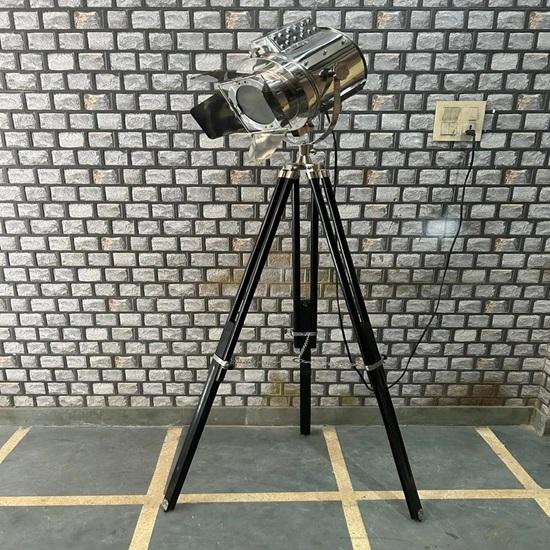 Nautical Spotlight Floor Lamp Designer Chrome with Black Wood Tripod 177.8 Cm Studio Home Décor Housewarming Gift