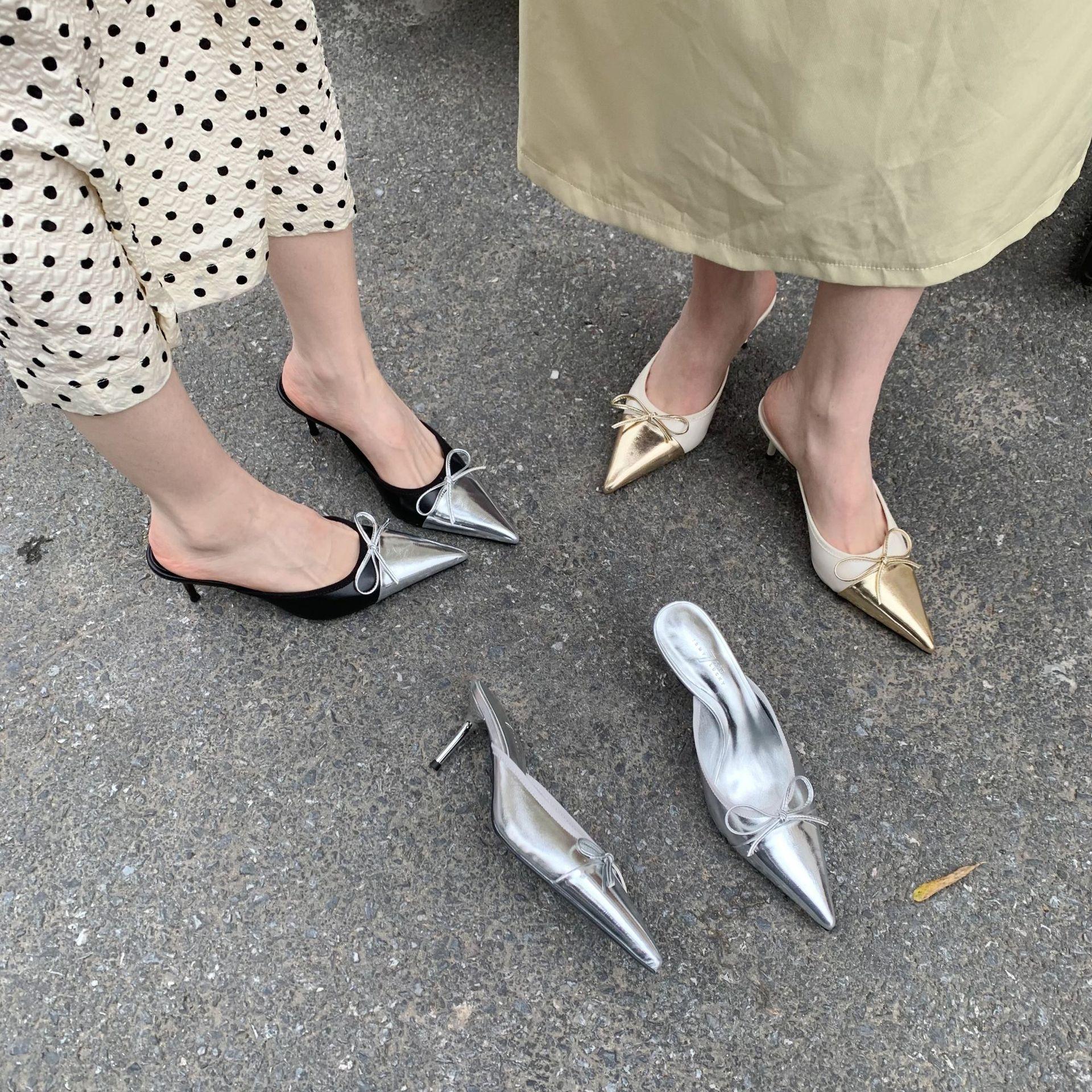 

Temperament high heels bow color matching stiletto sandals women s bag head slippers pointed small single shoes 35 чорний