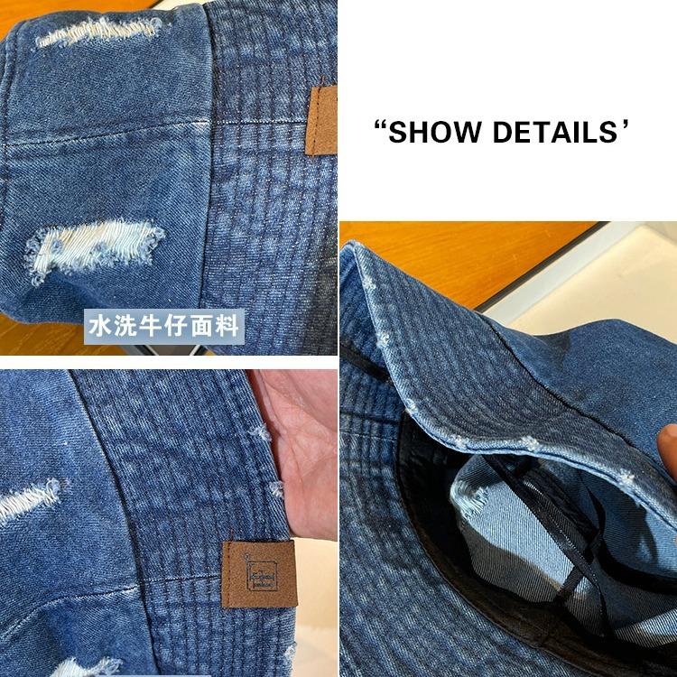 Retro washed denim bucket hat women's spring summer new broken hole old street trend basin hat