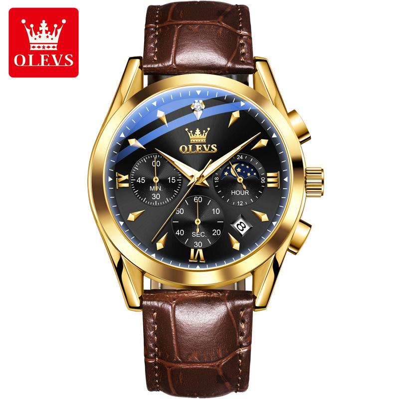 OLEVS Original Moon Phase Chronograph Man Watch Leather Strap Waterproof Luminous Luxury Brand Quartz Wrist Watches for Men