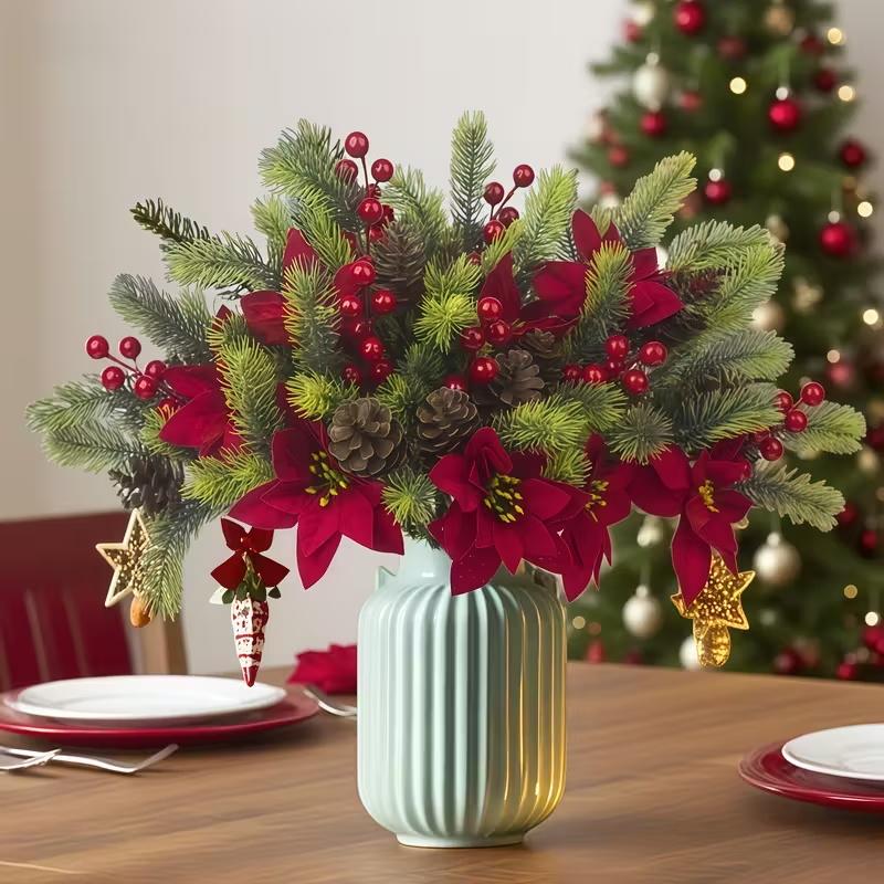 4pcs Artificial Christmas Pine Branches with Red Berries, Artificial Evergreen Branches, Classic Poinsettia Design, Perfect for Halloween, Christmas