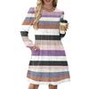 Women's Long Sleeve Pleated Round Neck Plaid Stripe Print Casual Dress With Pockets