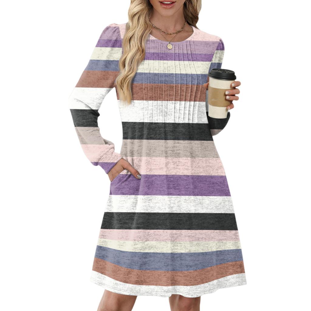 Women's Long Sleeve Pleated Round Neck Plaid Stripe Print Casual Dress With Pockets