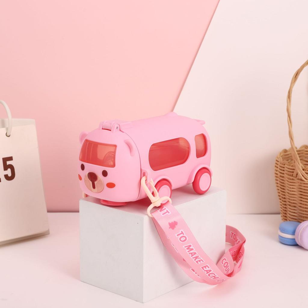 Bus Straw Water Bottle With Strap,Portable Cute Bear Car Water Bottles with Movable Wheels, Leakproof Bear Drinking Jug