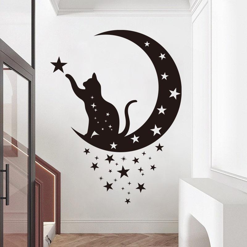 Black Moon Cat Wall Stickers Stars Home Bedroom Decor Peel and Stick Wall Art Removable Vinyl Decals for Room Beautification