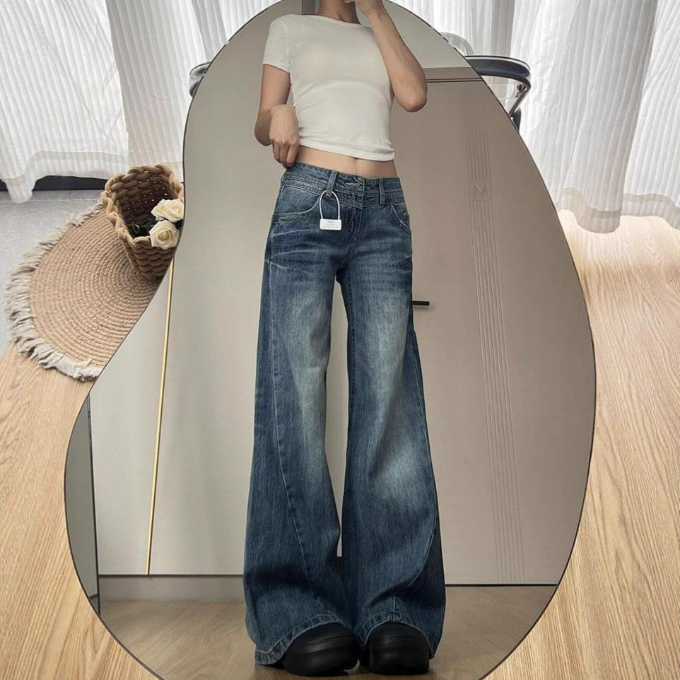 Comfortable Large Size Micro Flare Jeans Female Autumn Retro High Waist Washed Loose Horseshoe Straight Long Trousers Jeans for Women Long Denim Pants