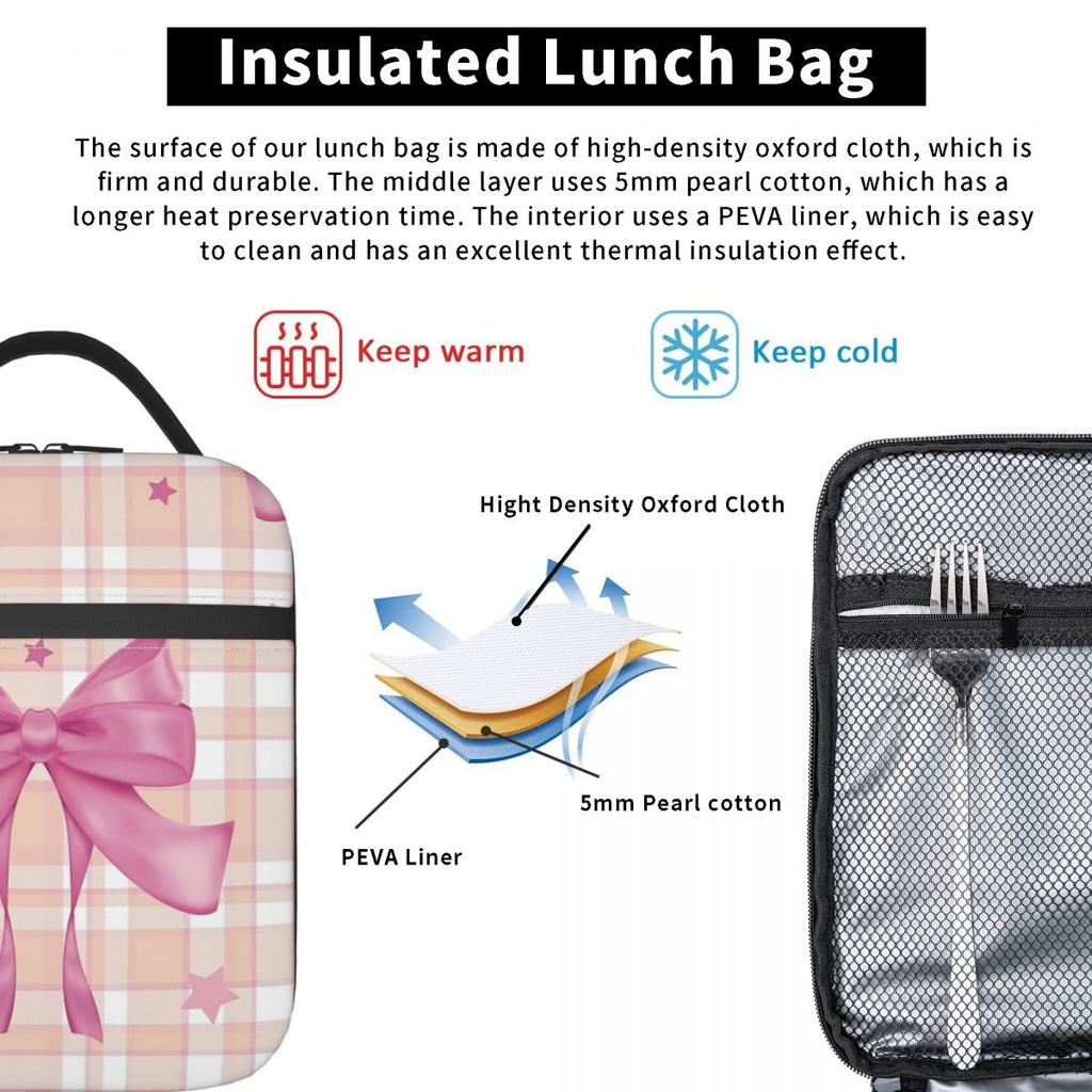 Pink Plaid, Bows And Stars Insulated Lunch Bag for Women Children Portable Food Boxes Thermal Lunch Box Tote