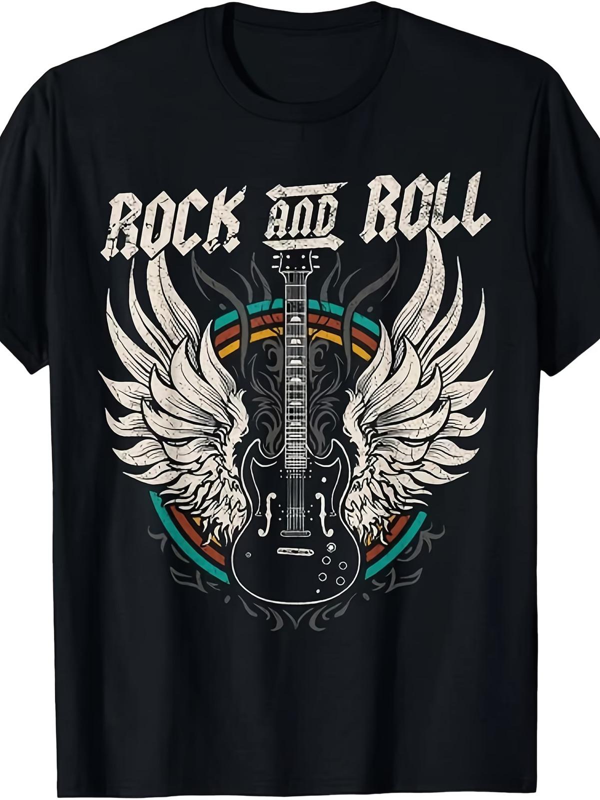 Men S Vintage Rock and Roll Graphic T-Shirt - Retro Music Tee with Guitar & Wing XXXXL