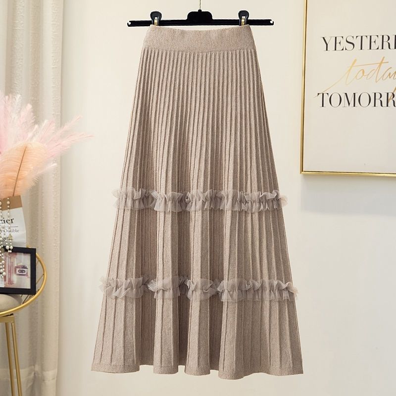 Pleated Skirt for Women Autumn and Winter High Waisted Mid Length Knitted Skirt A-line Skirt