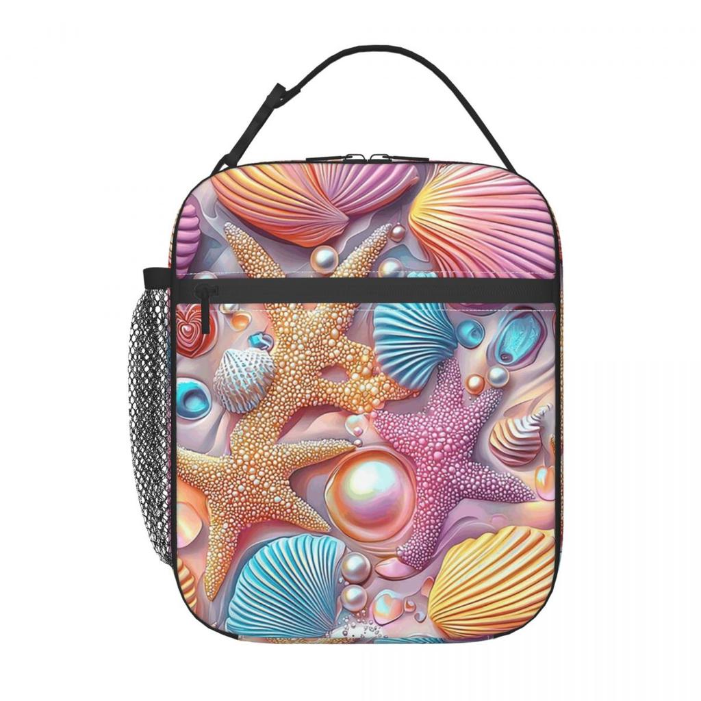 Strandmuschel und Seestern Muster Isolierte Lunchtasche für Damen Kinder Tragbare Lebensmittelboxen Thermische Lunchbox Tragetasche