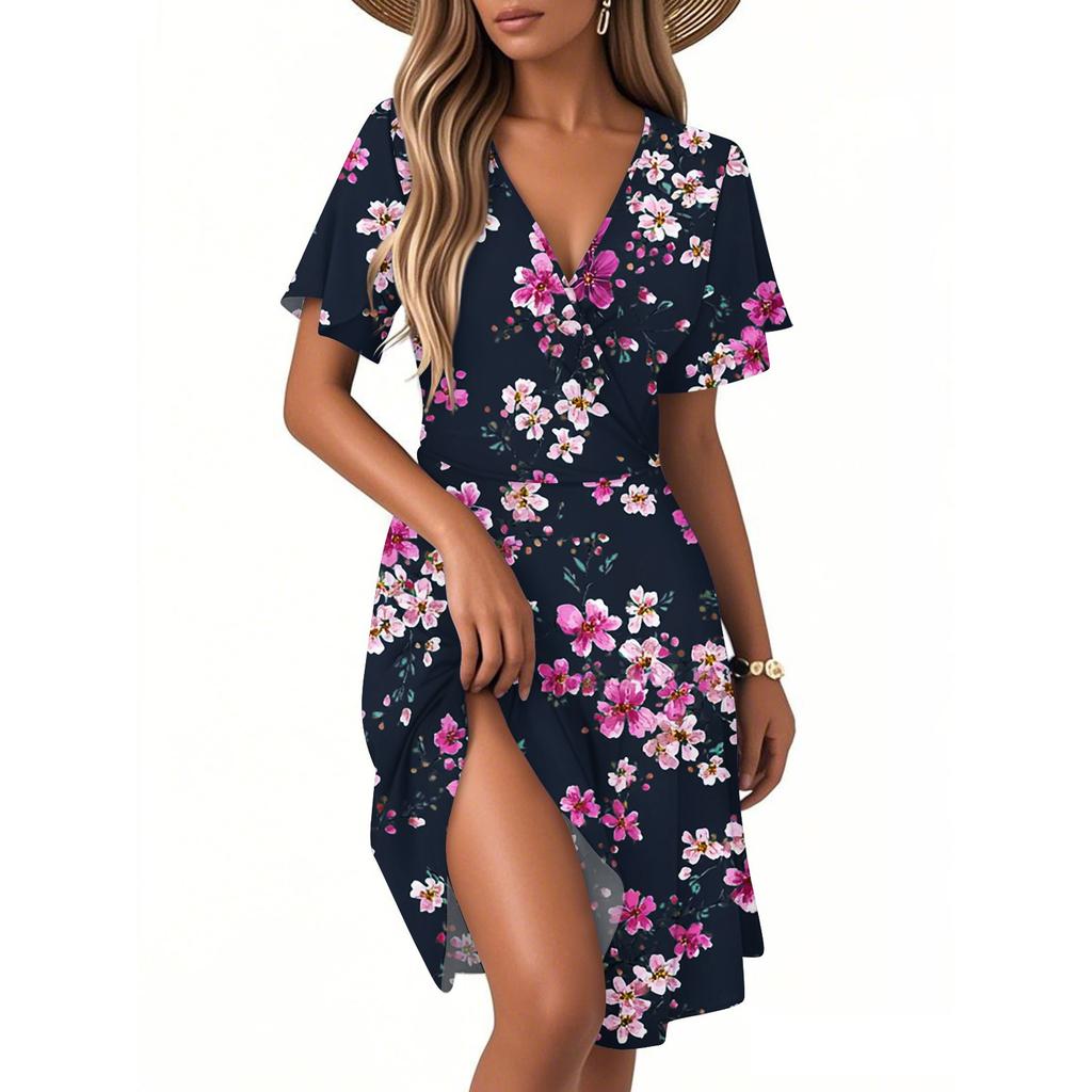 Women's Fashion Short Sleeve Wrap Sundress V-Neck Floral Print Dresses