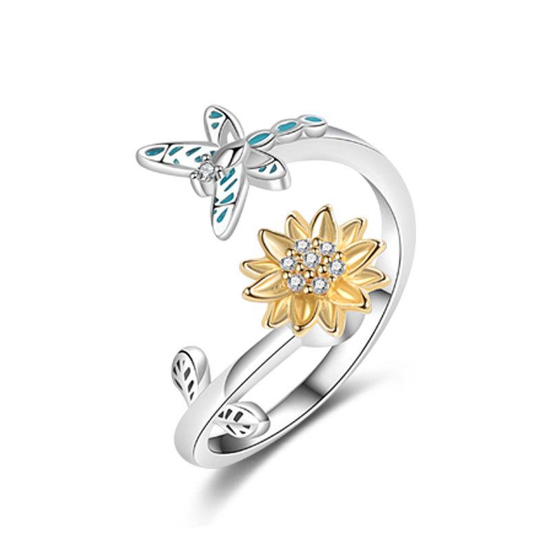 Offener Ring mit Zirkonia-Blume, Damen-Design, Nischenring, zweifarbig, Sonnenblume, doppelte Kamelie, personalisierbar, vielseitig verstellbar, Windmühlenring, Schmuck