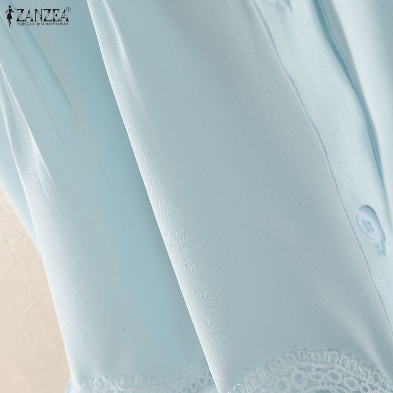 ZANZEA Women Short Puff Sleeve V Neck Lace Trim Button Down Blouse