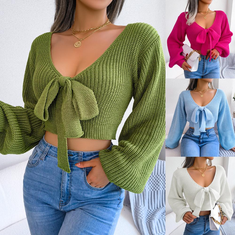 Autumn/Winter Fashion Bow-Tie V-Neck Bell-Sleeve Cropped Sweater for Women