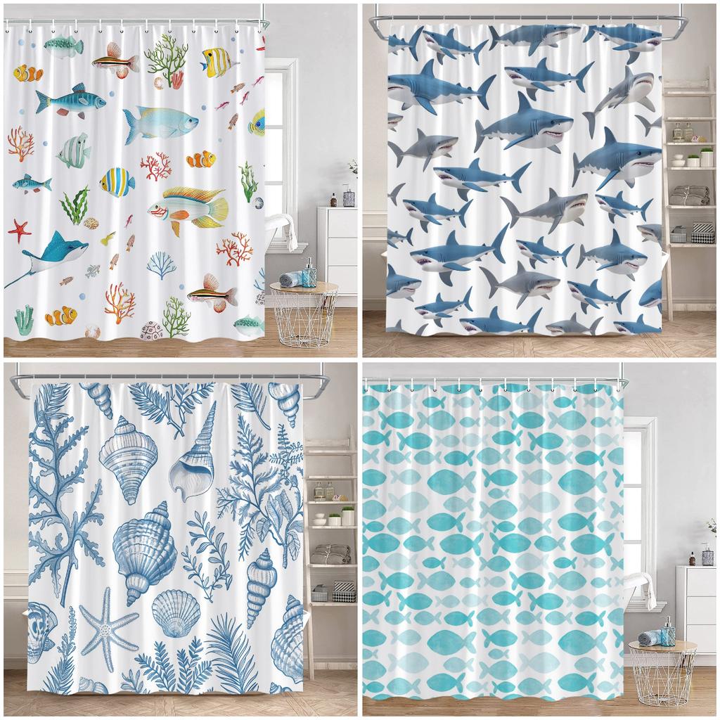 Ocean Animals Nautical Cartoon Shower Curtains Tropical Fishes Sharks Shell Sea Turtle Bathroom Decorations Kids Bath Curtain Wi