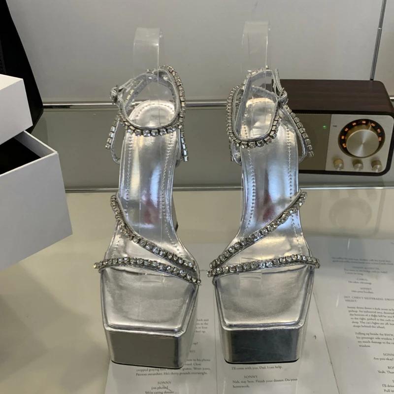 Eilyken Gold Silver Square Toe Women Sandals Street Style Buckle Strap Platform Ultra High Heels Banquet Party Ladies Shoes