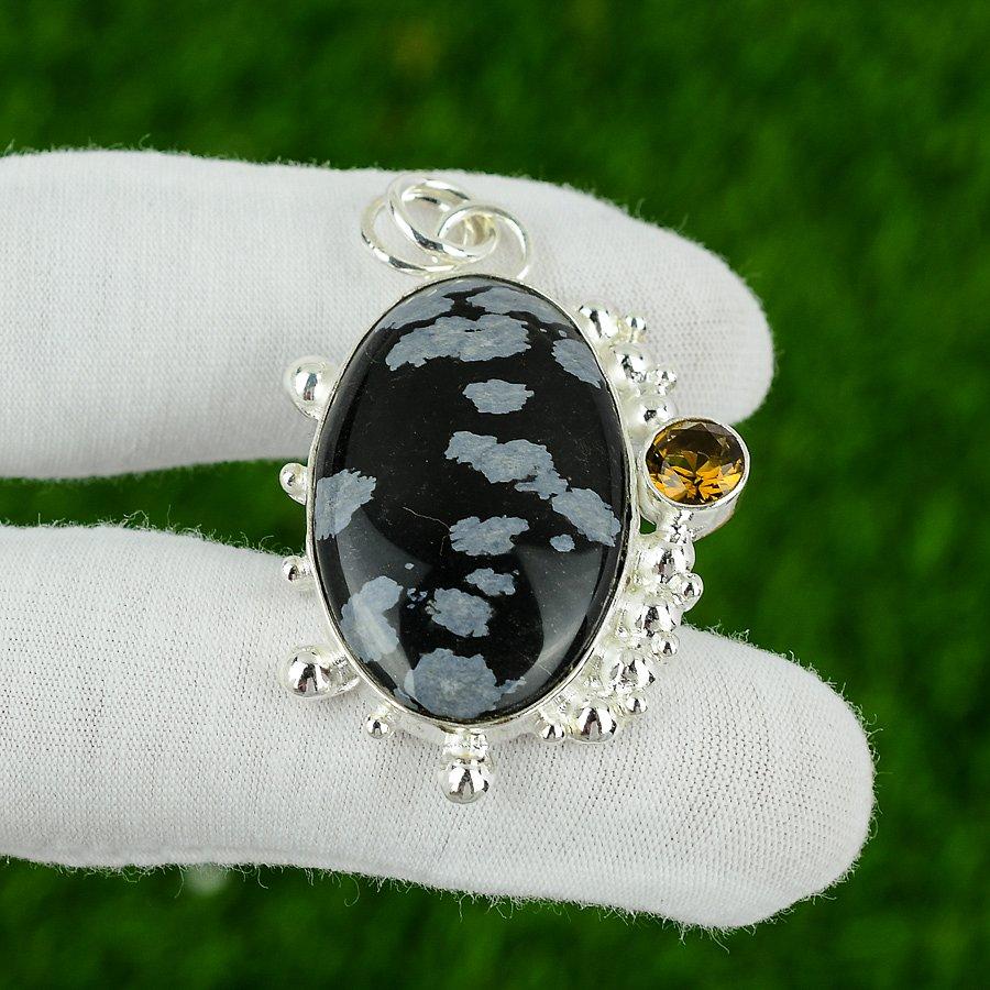 Natural Snoflake Obsidian Gemstone Pendant Black 925 Sterling Silver Jewelry