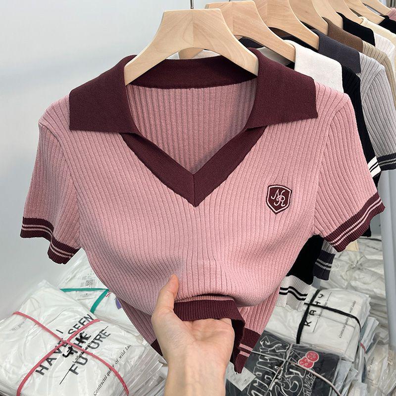 Chic Hong Kong Style Sweet & Spicy V-Neck Polo Knit Top - Women's Summer Short-Sleeve T-Shirt