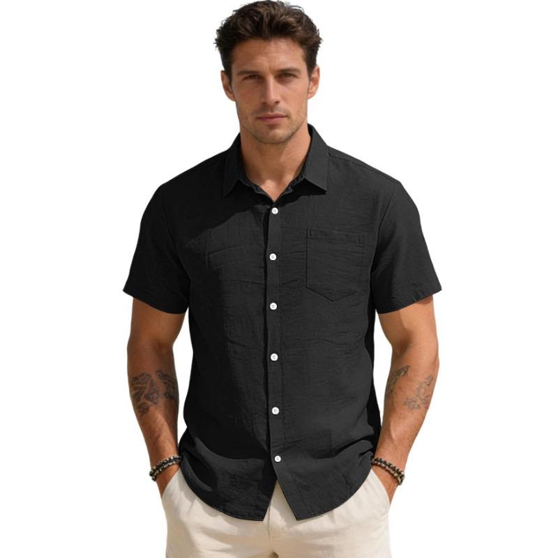 Men Linen Blend Lapel Collar Pocket Button Down Short Sleeve Casual Beach Vacation Shirt S