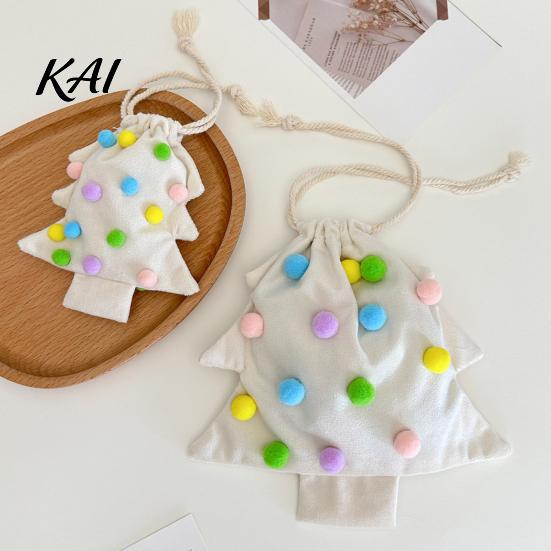 Reusable Fabric Gift Wraps Christmas Tree Shaped Bag, Drawstring Treat Goody Bags with Pompoms Durable Polyester Sacks Bells, Winter Present Wrapping