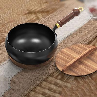 Traditioneller Gusseisen-Wok mit Holzgriff Tiefer Topf für Pfannengerichte Eintopf Handgefertigt Kochgeschirr Holzdeckel