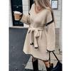 Women Lazy Style Lace Up Waist Loose V Neck Long Sleeve Midi Knit Dress