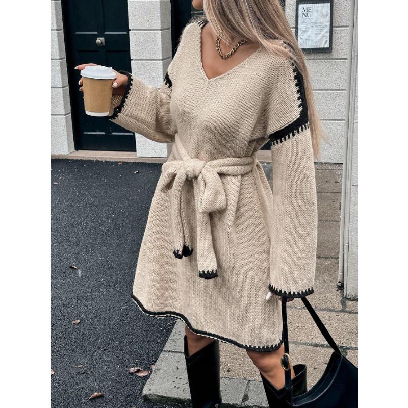 Women Lazy Style Lace Up Waist Loose V Neck Long Sleeve Midi Knit Dress
