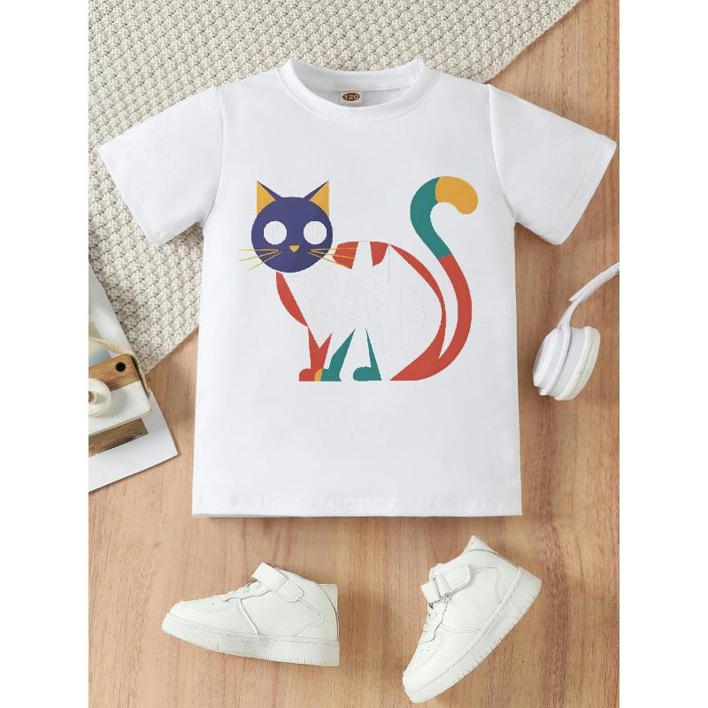 European Sizes Casual and Stylish for Girls, This Cute and Fun Cartoon ABC Kitten Print T-shirt Is a Comfortable and Basic Round Neck Style