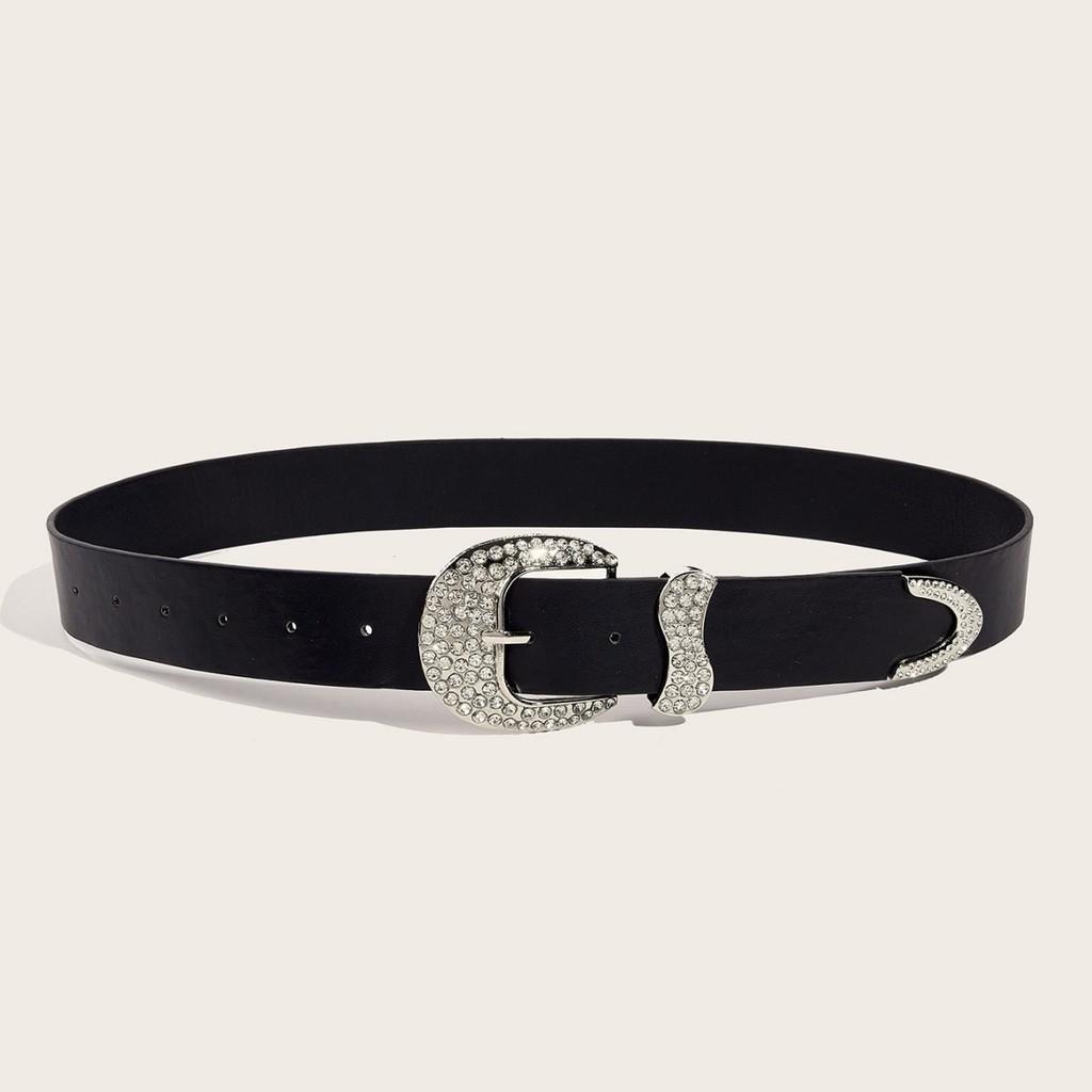Black Vintage Decorative Rhinestone Belt Woman's Retro Style Alloy Buckle Personality Belt