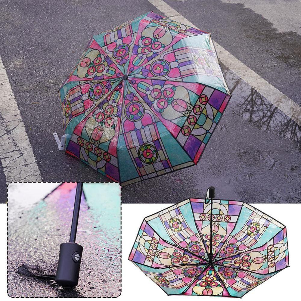 Hand-Painted Design Transparent Umbrella Stained Glass Print Automatic Umbrella Rain Protection