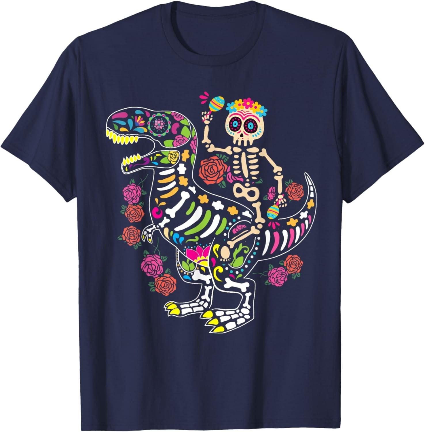 Dia De Los Muertos Skeleton Riding Dinosaur Boys Men Mexican T-Shirt S