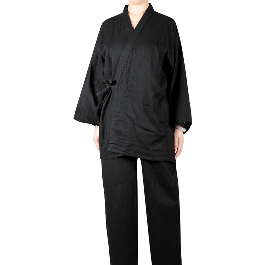 Men's Three-Quarter Sleeve Samue Kimono, Cotton and Linen, Japanese Style Pajama Set with Pockets, Perfect for Work or Loungewear, Summer Kimono (Blac