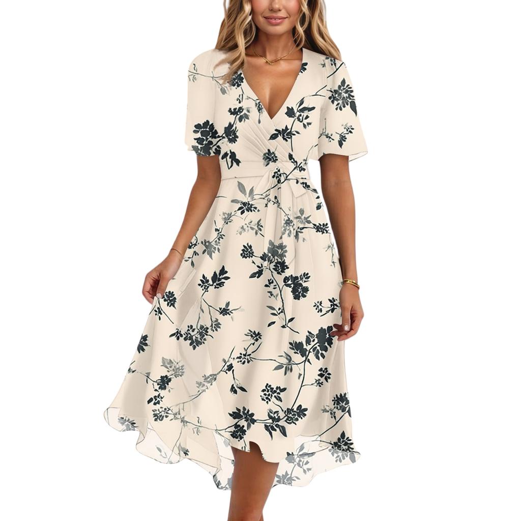 Damenmode Lässig V-Ausschnitt Kurzarm Rüschen Vintage Bedruckte Kleider