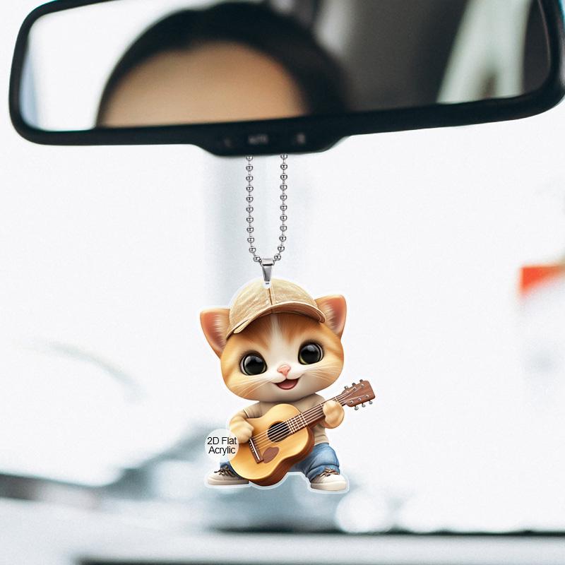 Adorable Guitar-Playing Cat Acrylic Car Pendant,Versatile Decor for Car Interior,Rearview Mirror & Home,Trendy Hanging Accessory  for Cat Enthusiasts