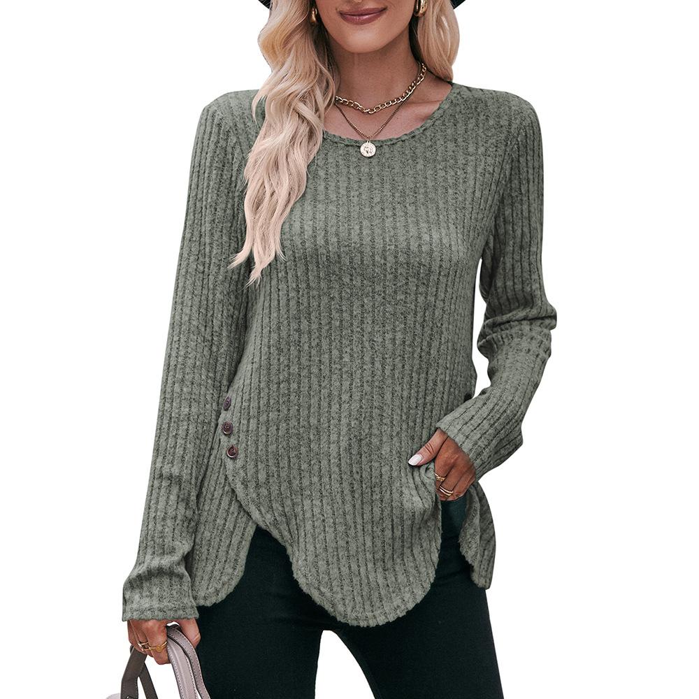Women's Long Sleeve Ribbed Knit Button Down T-Shirt - Soft Brushed Cotton Crewneck Casual Top