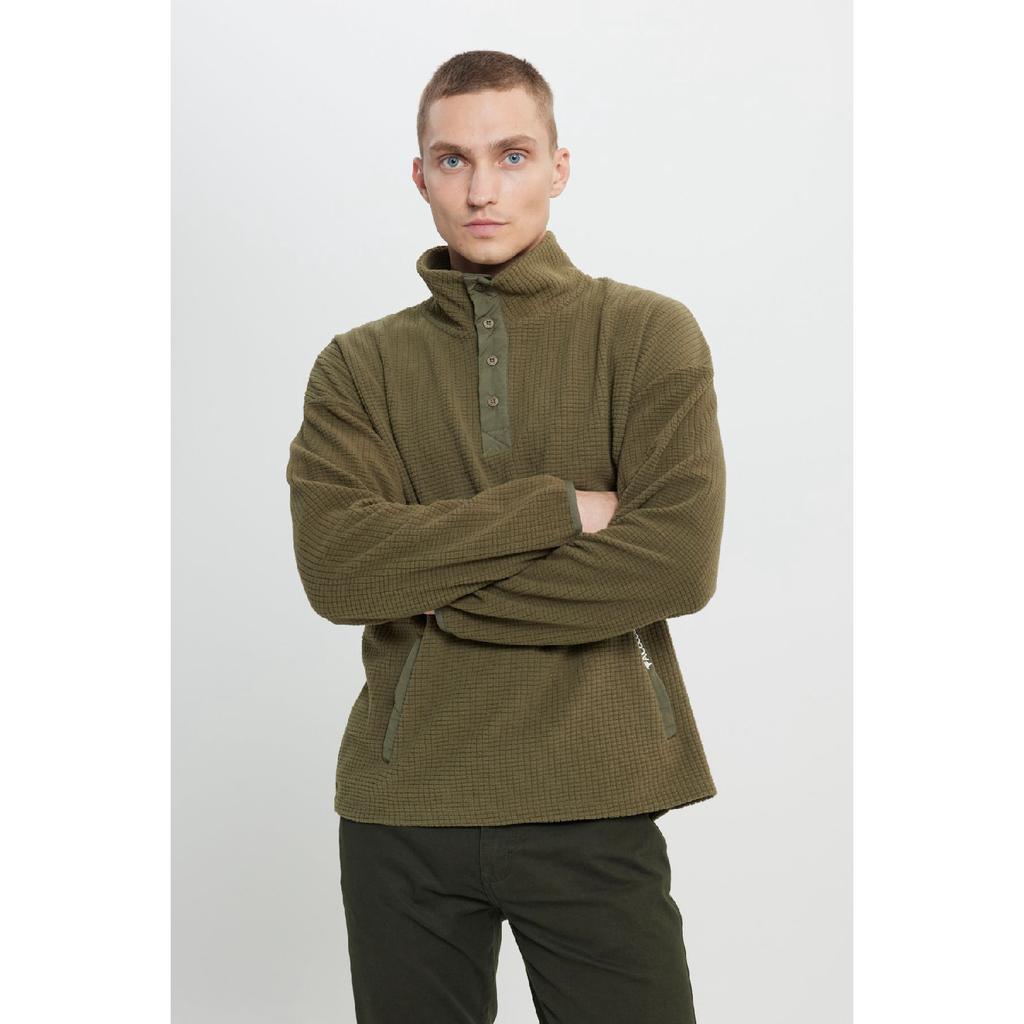 Men's Ecru Loose Fit Stand-up Collar Jacquard Soft Touch Fleece Sweatshirt