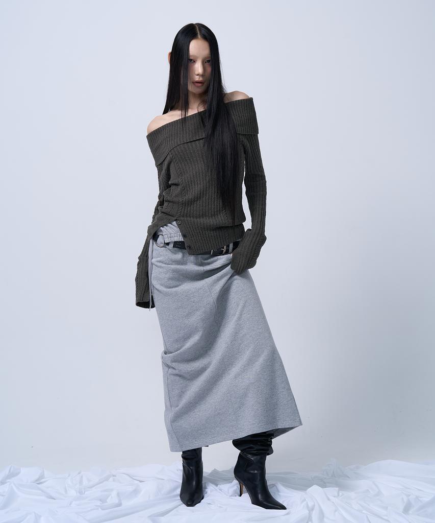 ZIZEMUSEUM Folding Waist Band Maxi Skirt (Melange Gray)