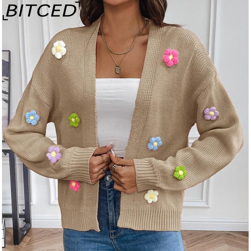 BITCED Hand-Crocheted Floral Sweet Knit Cardigan Sweater Jacket for Women Lazy-Chic Style Casual Oversized Knitwear