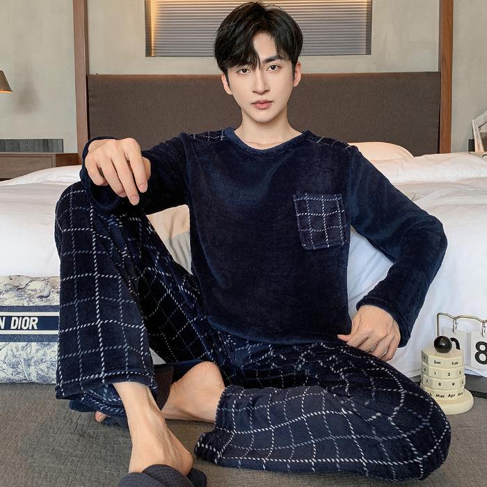 Men's Winter Pajamas Set - Thick Coral Fleece and Velvet Warm Flannel, Large Sizes Available