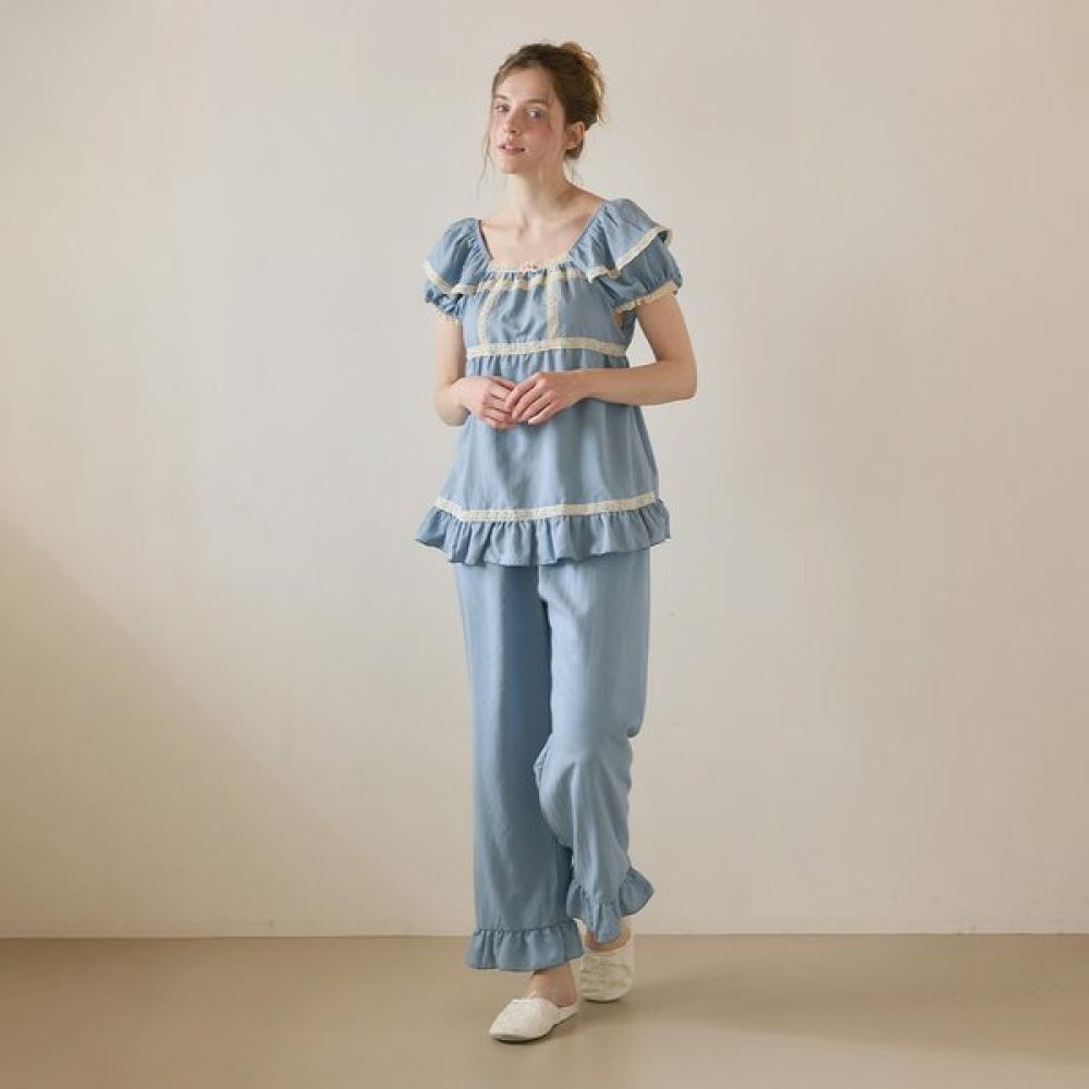Lunaluz Women Veronia Sandwashing Square Neck Short Sleeve Two Piece Pajamas