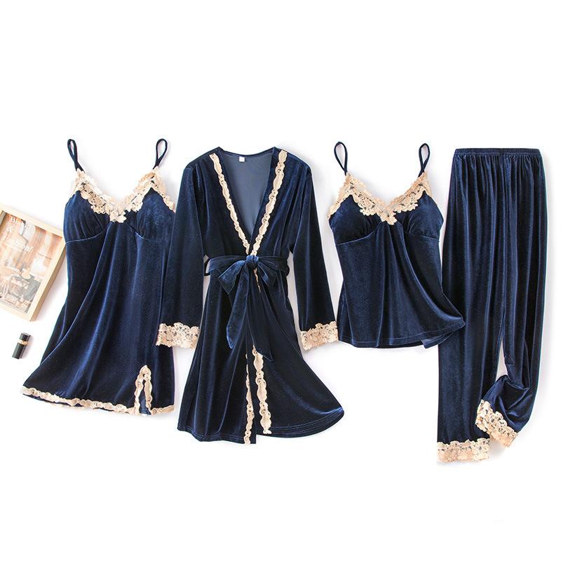 

Ночная рубашка на подтяжках, халат из четырех предметов, домашняя одежда, осень-зима, новая бархатная женская ночная рубашка, кружевная сексуальная пижама, свободная домашняя одежда 2XL
