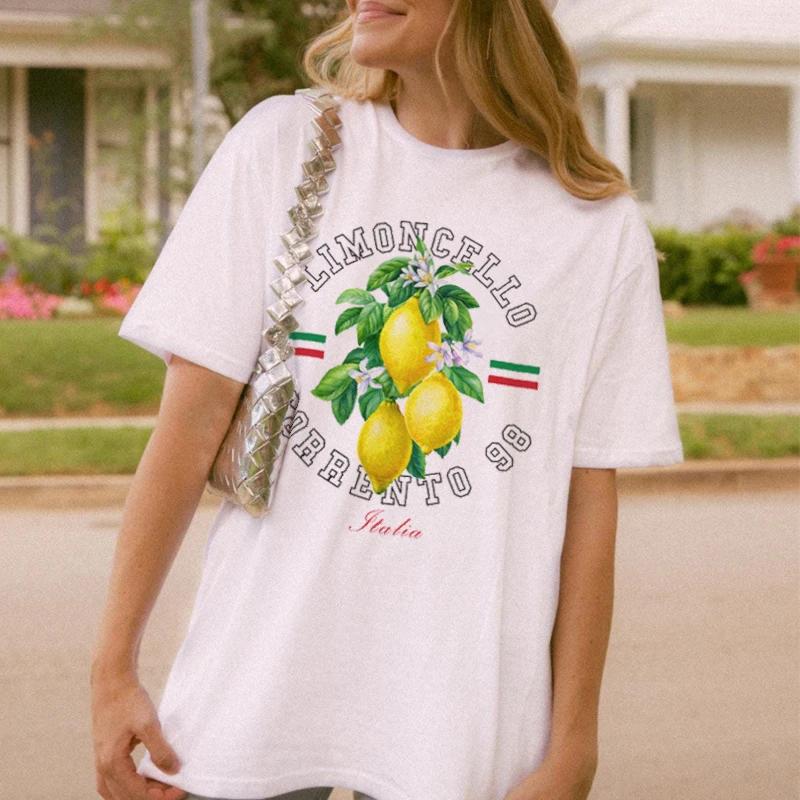 Women Vintage Italy Lemon Printed Vacation TShirt Cute Fruit Graphic Tee Alcohol Drink T Shirt Unisex Cottagecore Aesthetic Top